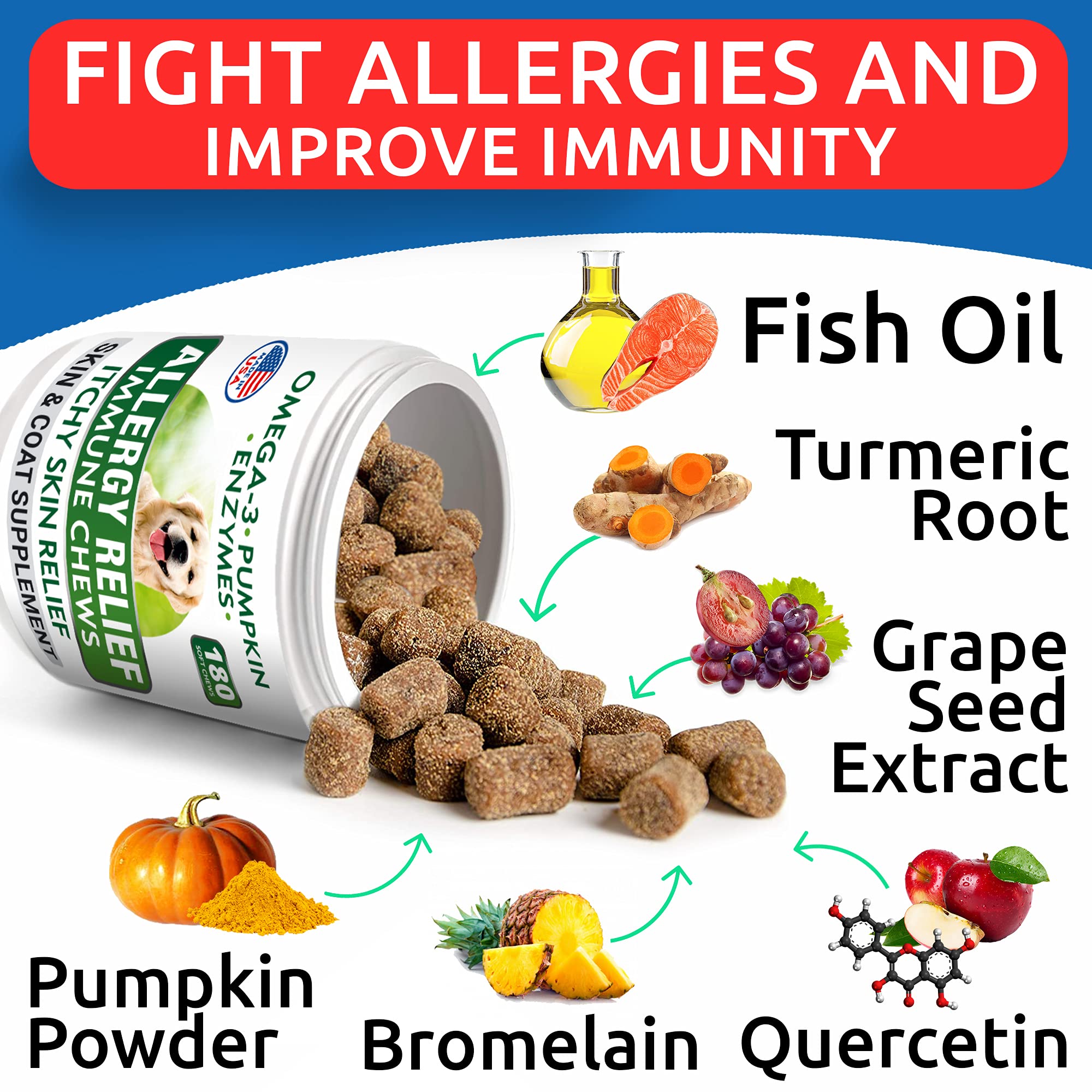 Dog product shot showing BARK&SPARK immune support chews and branding