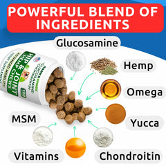 BARK&SPARK chews close-up highlighting glucosamine, chondroitin, MSM for joint care.