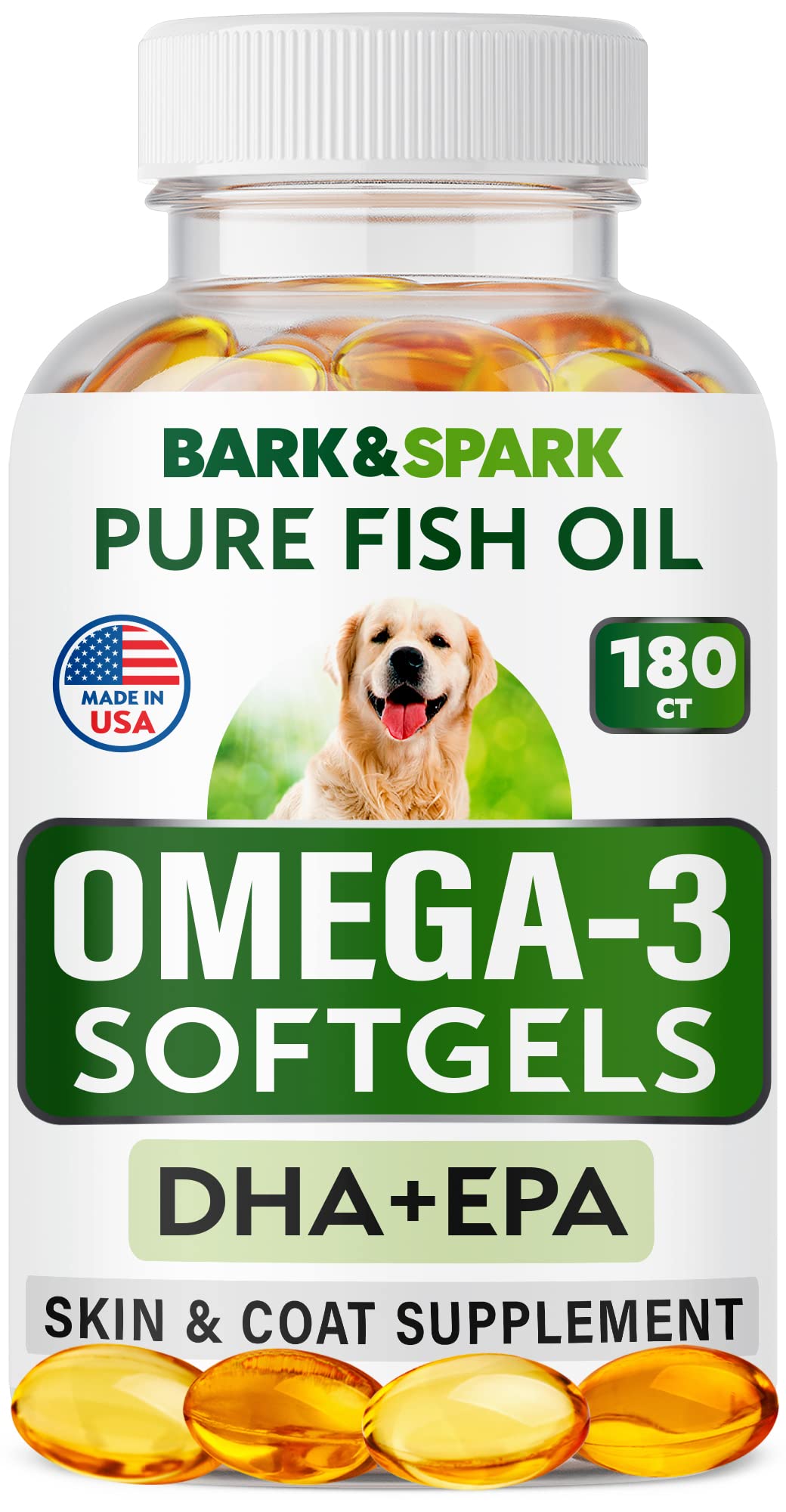 BARK&SPARK Omega-3 dogs softgels in bottle—easy daily supplement for skin & coat support.