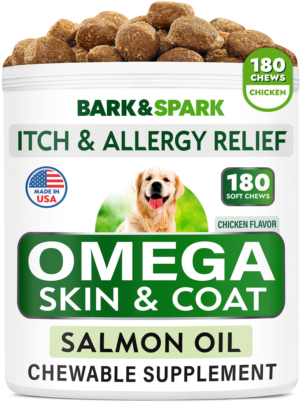 BARK&SPARK Omega-3 dog treats bottle highlights salmon oil chews for skin support