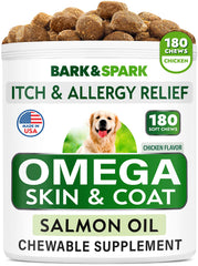 BARK&SPARK Omega-3 dog treats bottle highlights salmon oil chews for skin support