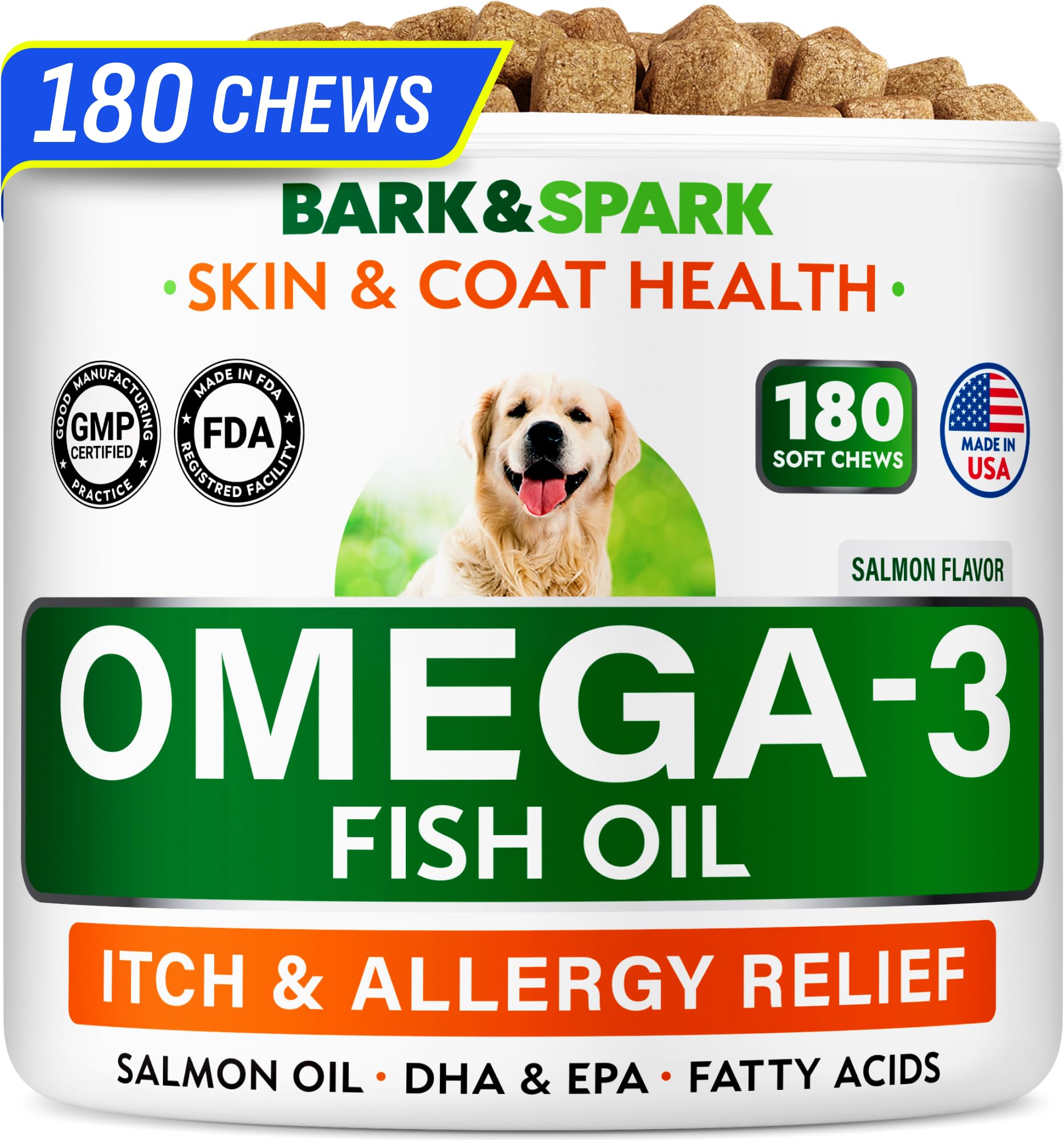 BARK&SPARK Omega 3 dog treats jar showcases salmon oil benefits for coat and skin.
