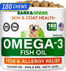 BARK&SPARK Omega 3 dog treats jar showcases salmon oil benefits for coat and skin.