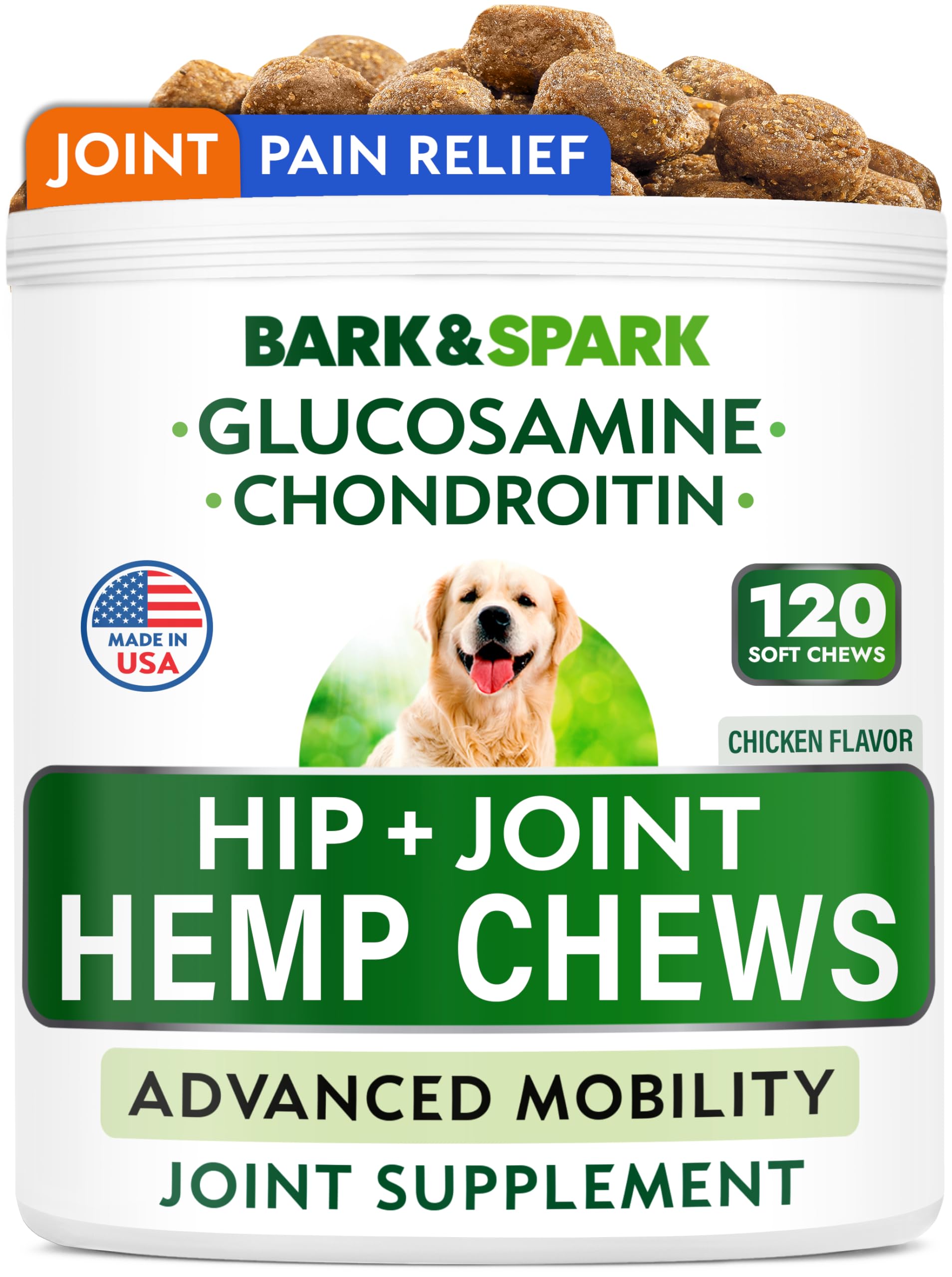 BARK&SPARK packaging box shows hemp hip and joint chews for mobility support.