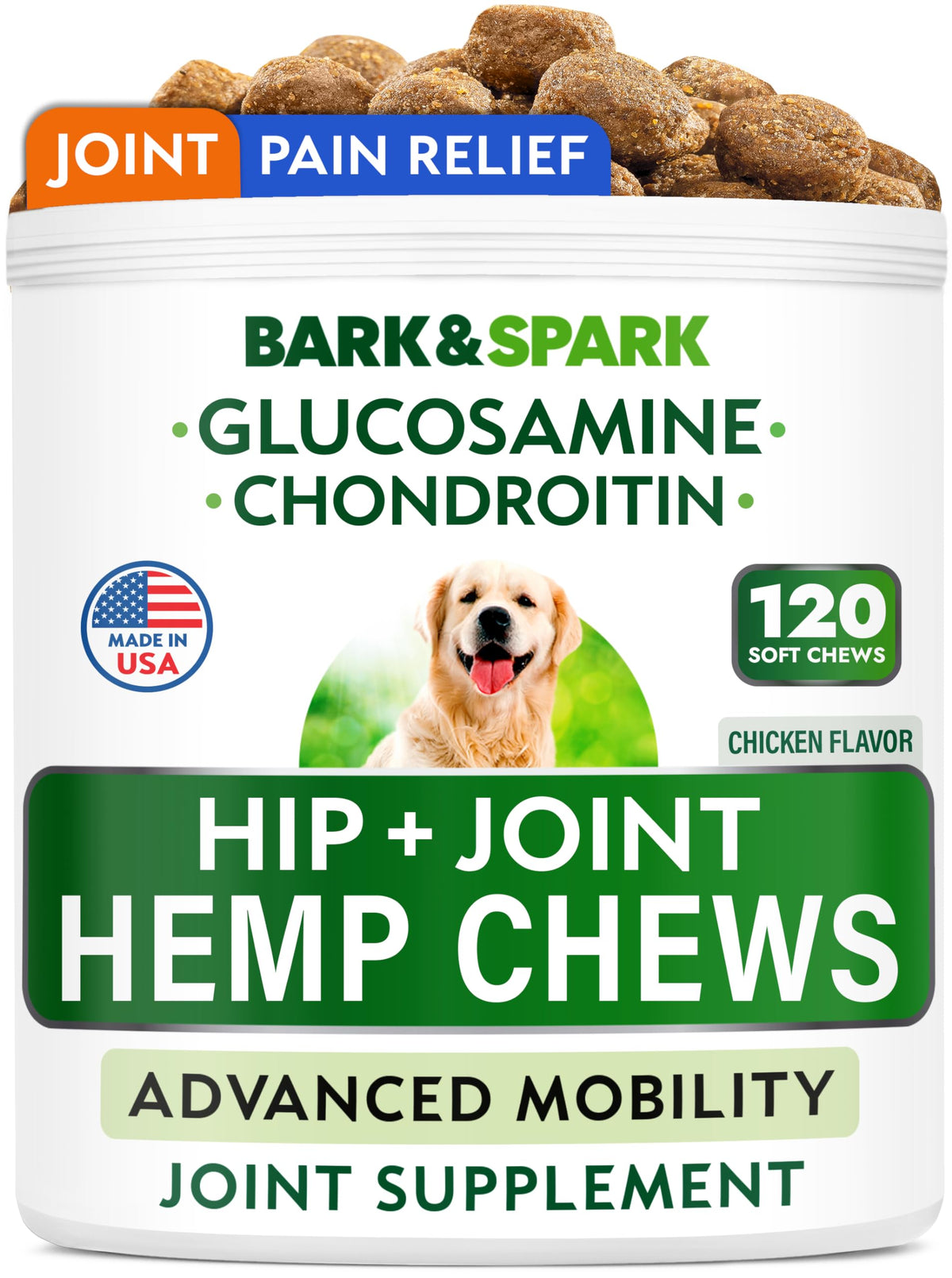 BARK&SPARK packaging box shows hemp hip and joint chews for mobility support.