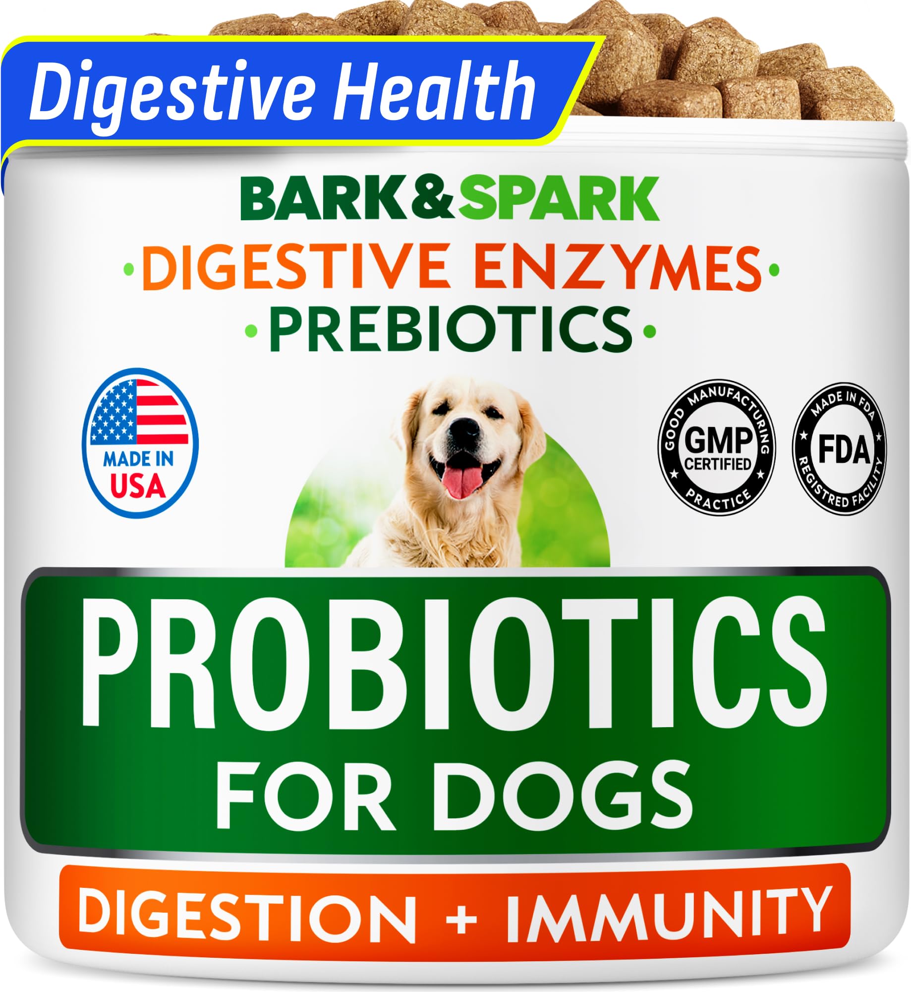BARK&SPARK dog probiotics chews close-up for digestion support.