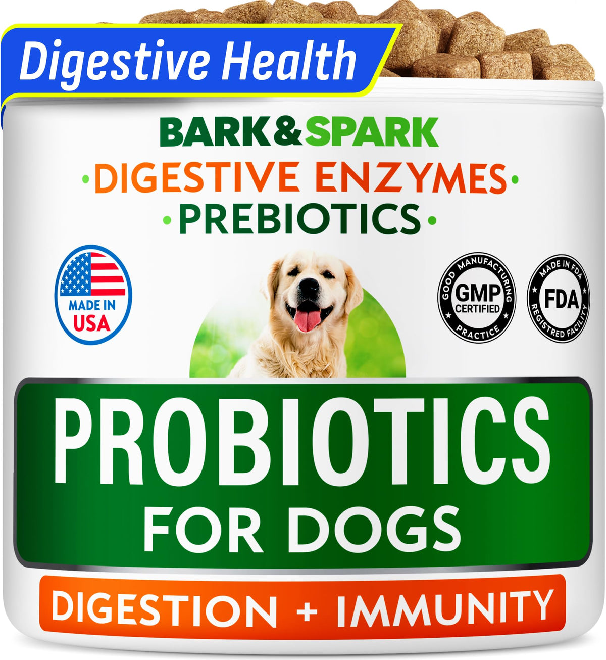 BARK&SPARK dog probiotics chews close-up for digestion support.
