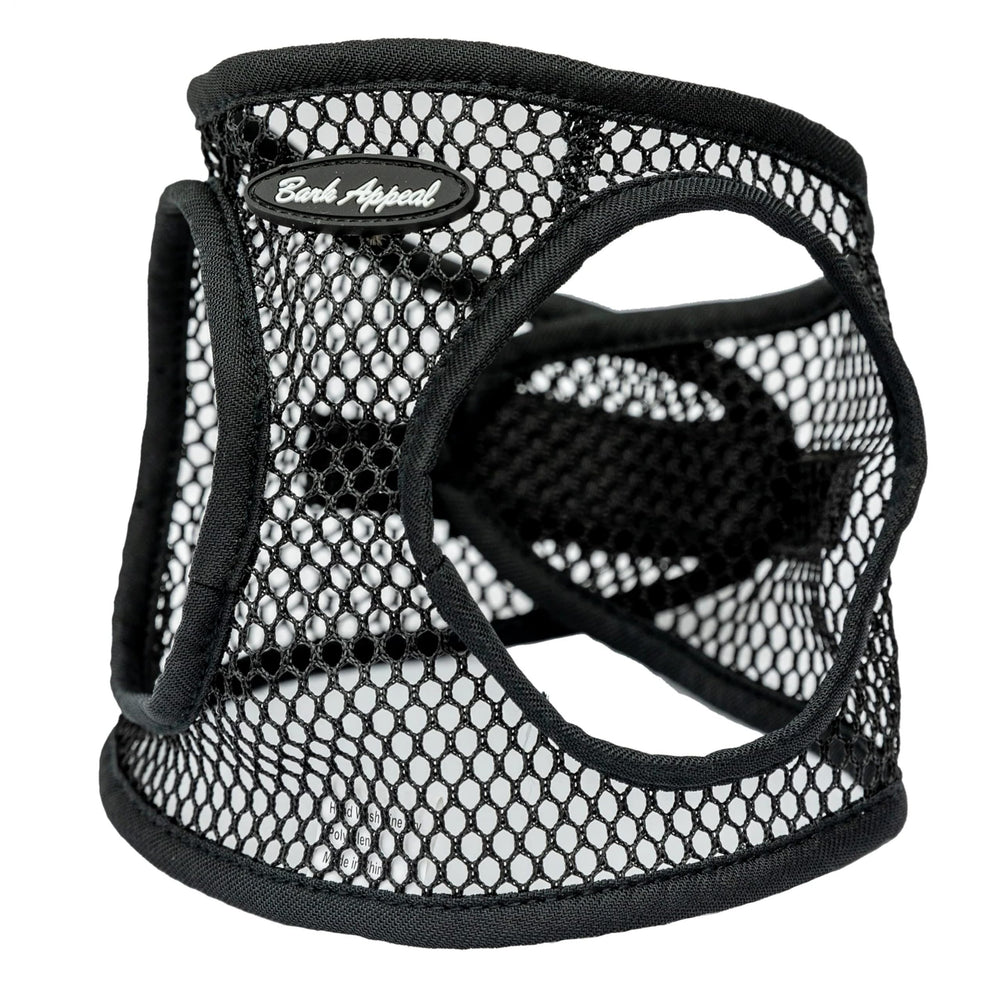 Bark Appeal black netted step-in harness front view for secure small–medium dog fit