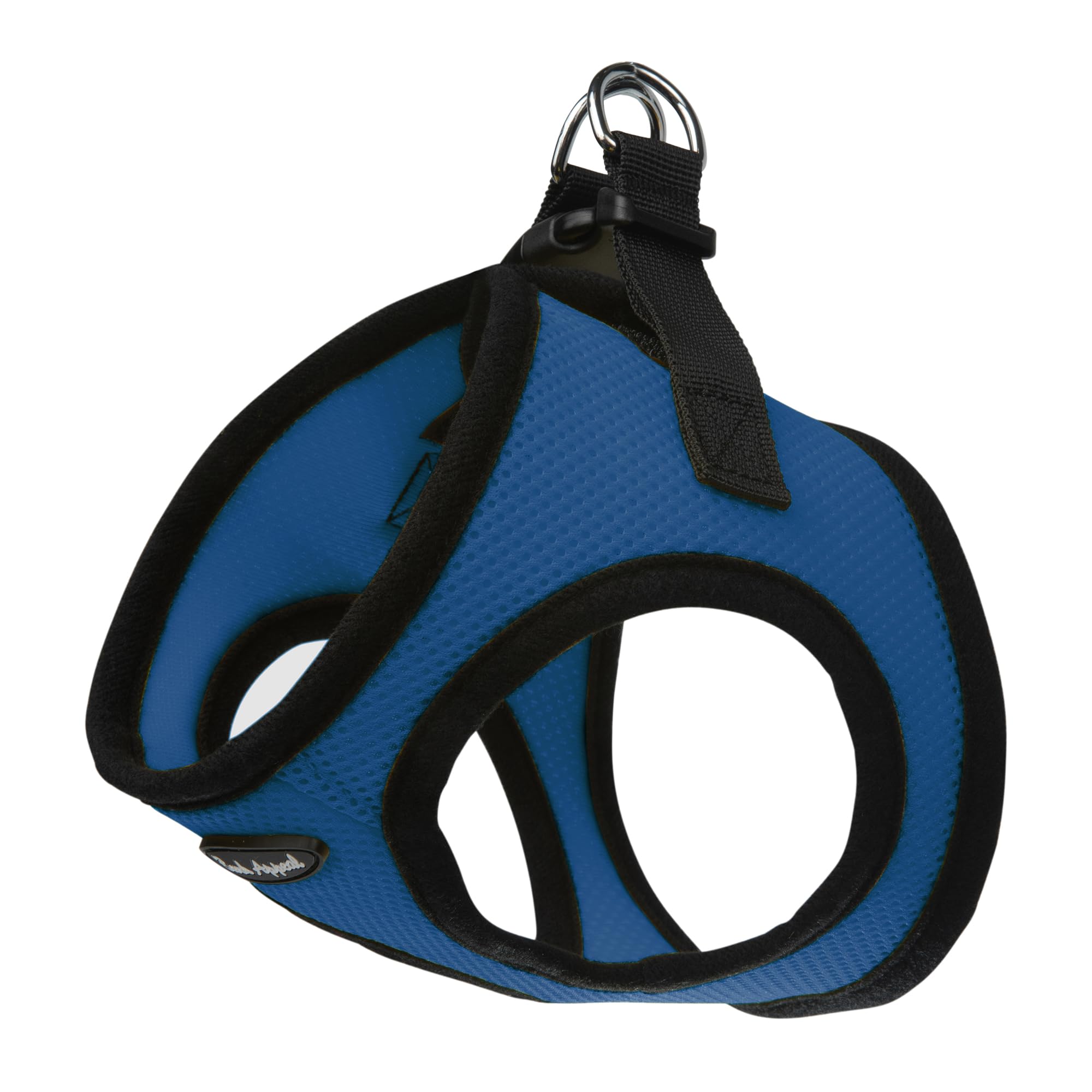 Bark Appeal blue step-in harness front view in soft mesh for daily walks