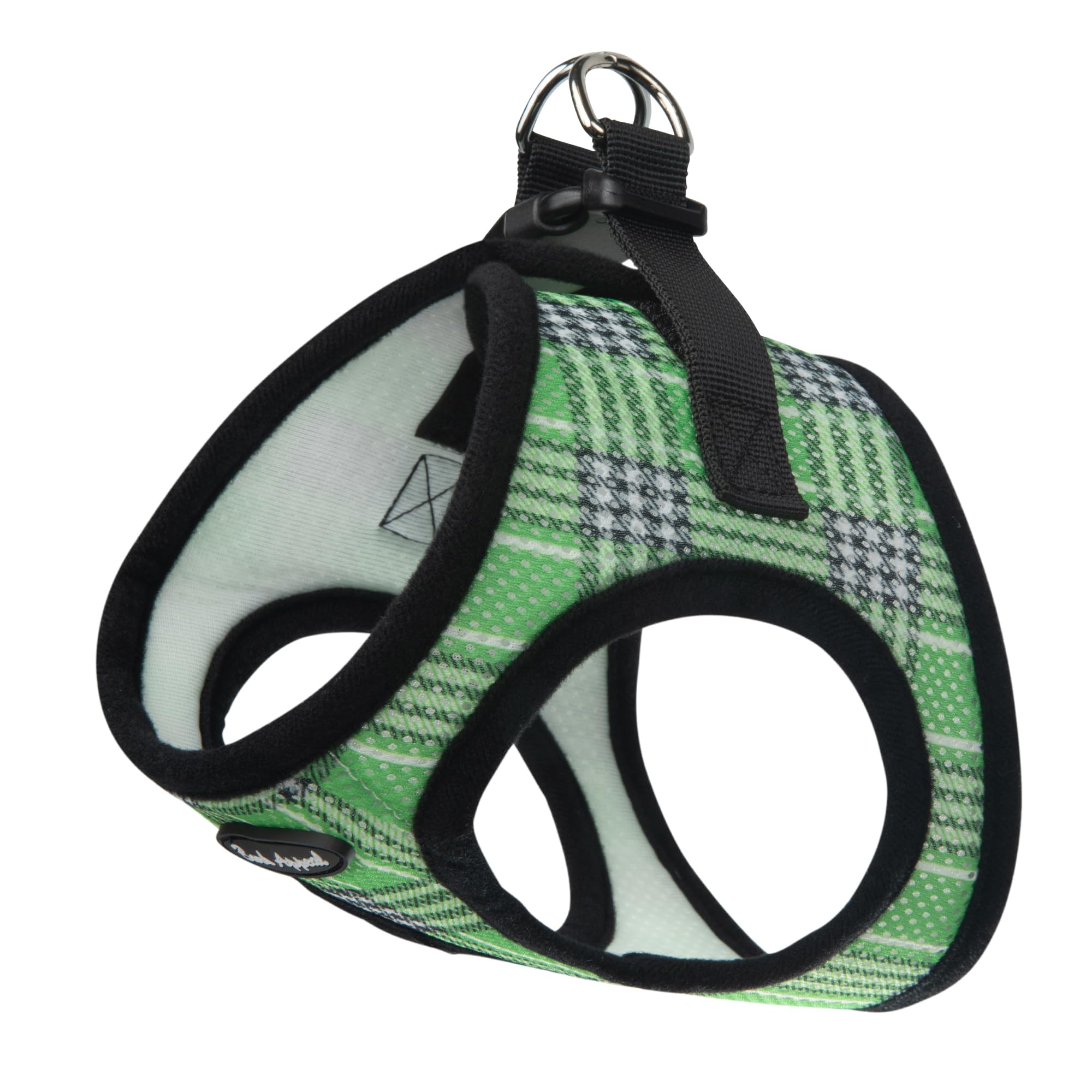 Bark Appeal Green Plaid Step-in Harness front view, secure fit for daily walks.