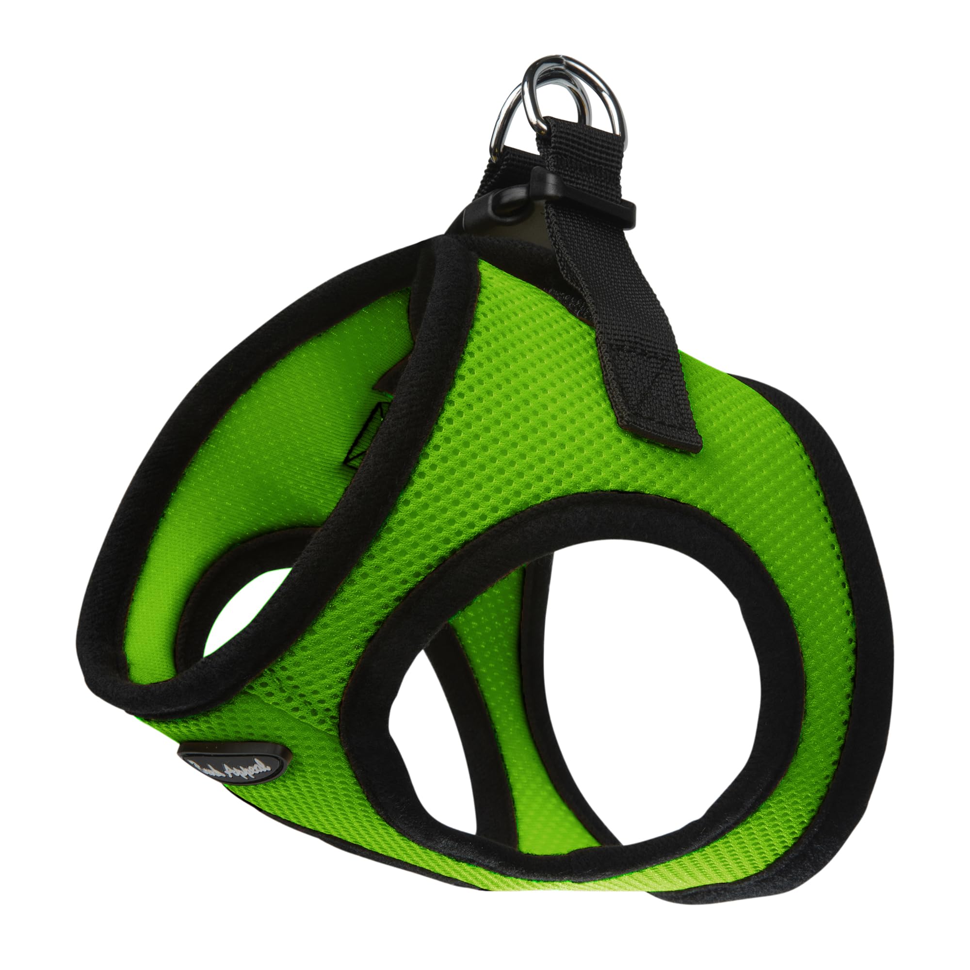 Bark Appeal lime-green step-in harness, front view, breathable mesh for daily comfort.