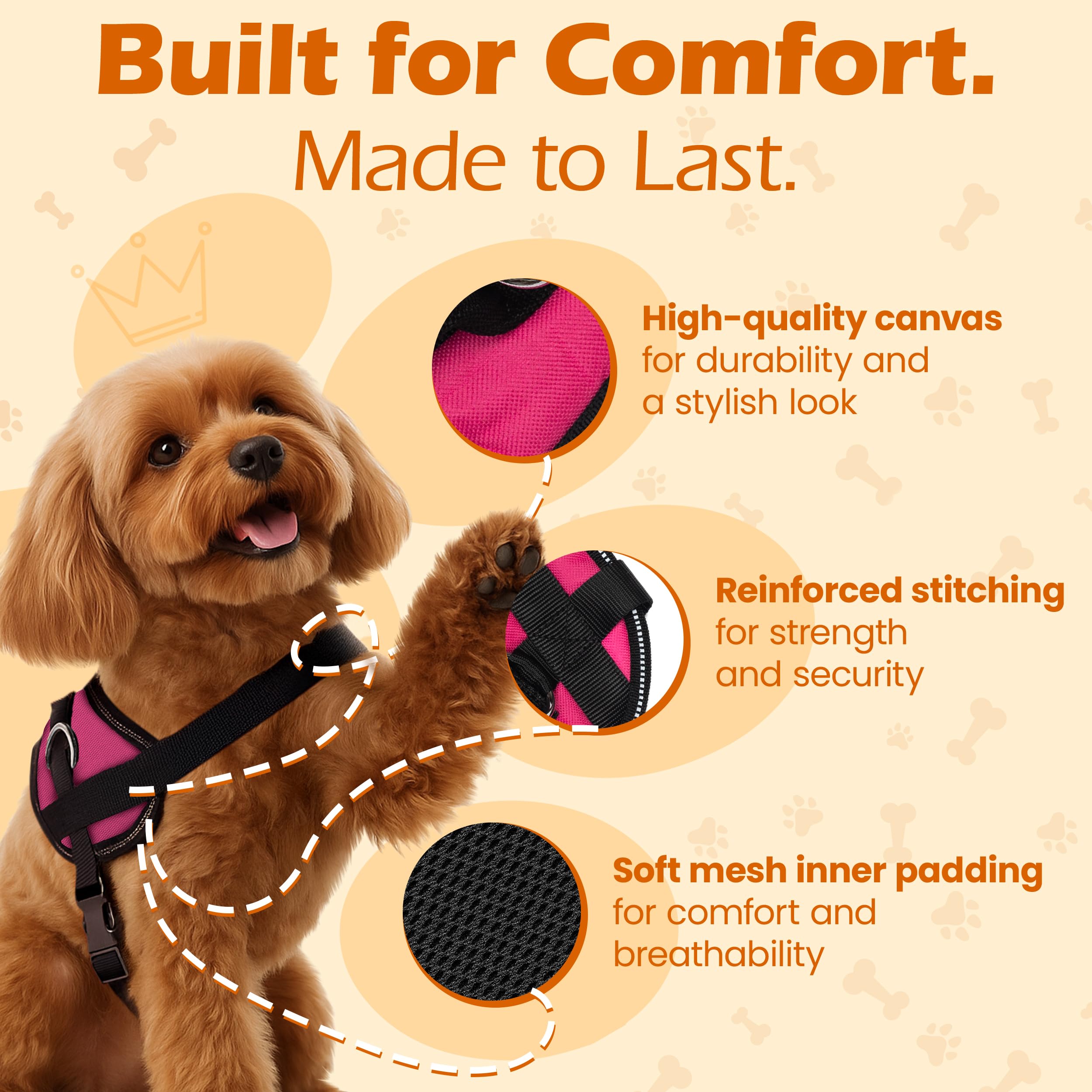 Bark Appeal pink no-pull harness easy-on-off buckle for quick use