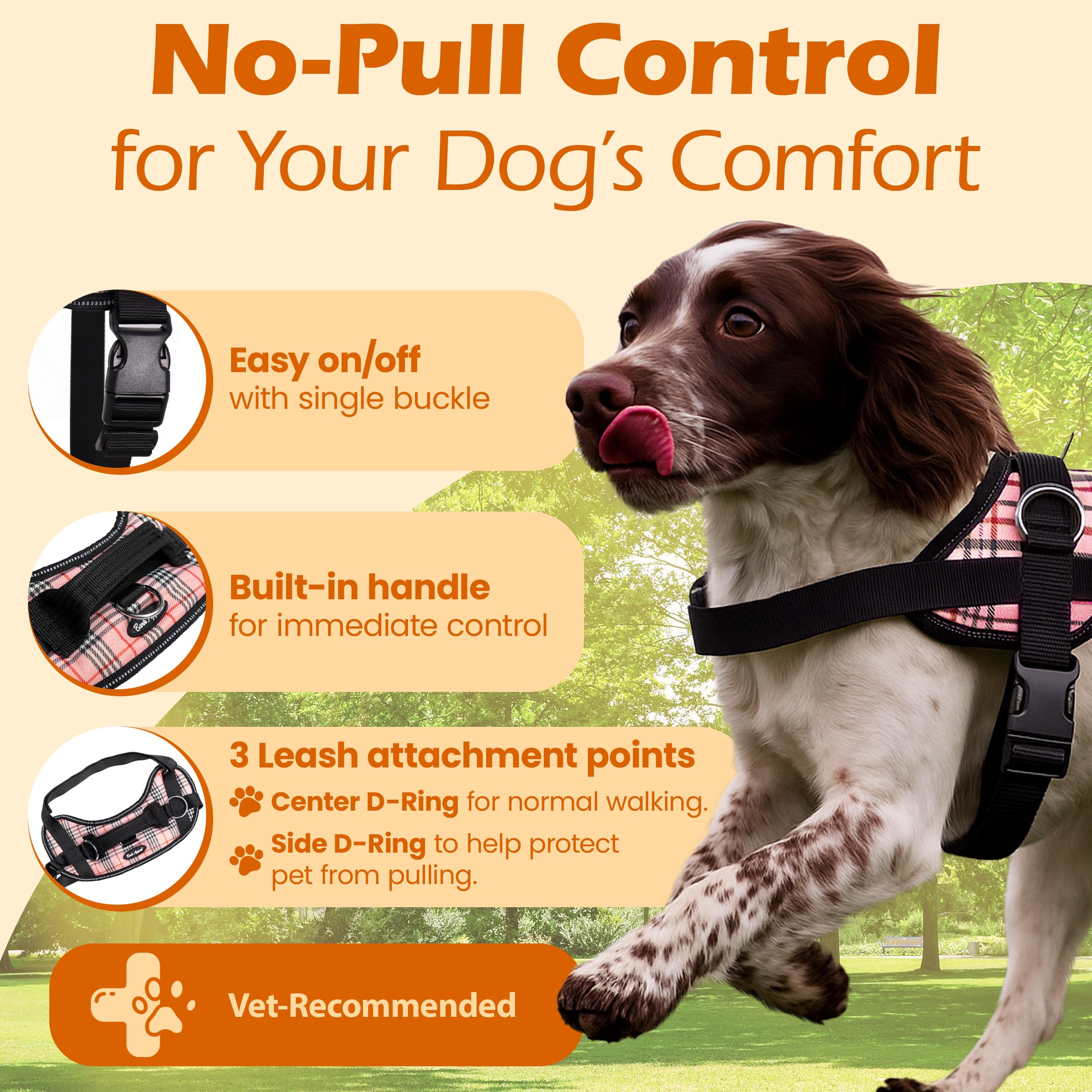 Bark Appeal Pink Plaid Harness with three leash clips enables versatile control