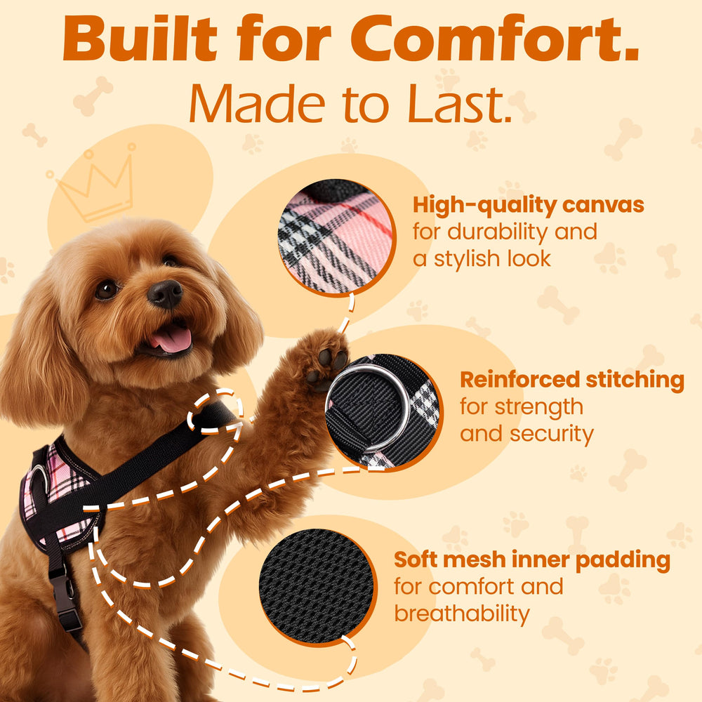 Bark Appeal pink plaid harness with reflective border improves night visibility.
