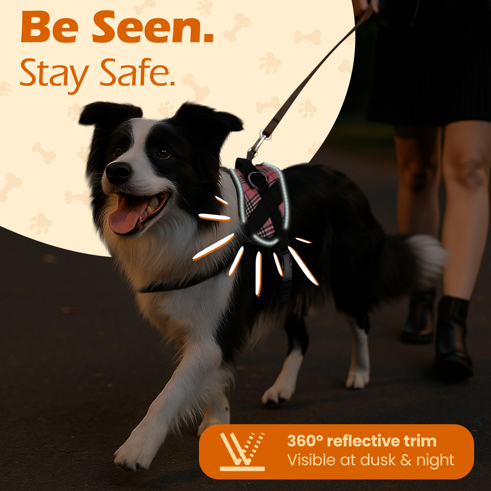 Bark Appeal Pink Plaid No-Pull Harness soft mesh padding and canvas shell for skin-friendly durability.