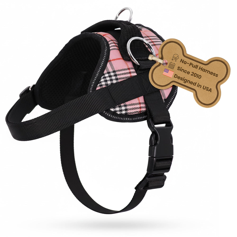 Bark Appeal Pink Plaid No-Pull Harness photo highlights adjustable fit for comfortable control