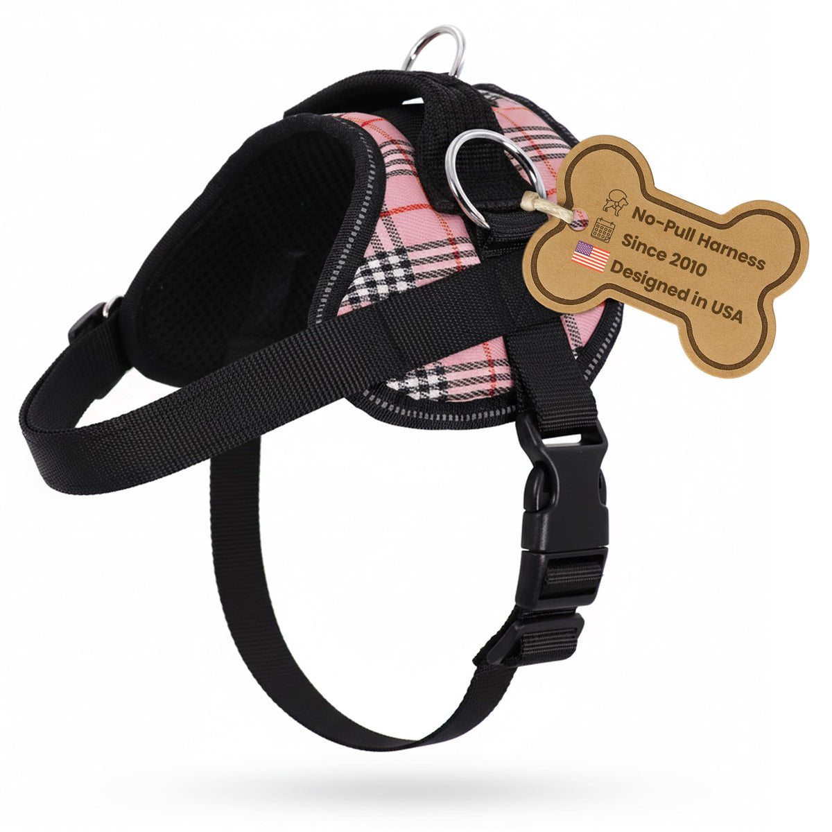 Bark Appeal Pink Plaid No-Pull Harness photo highlights adjustable fit for comfortable control