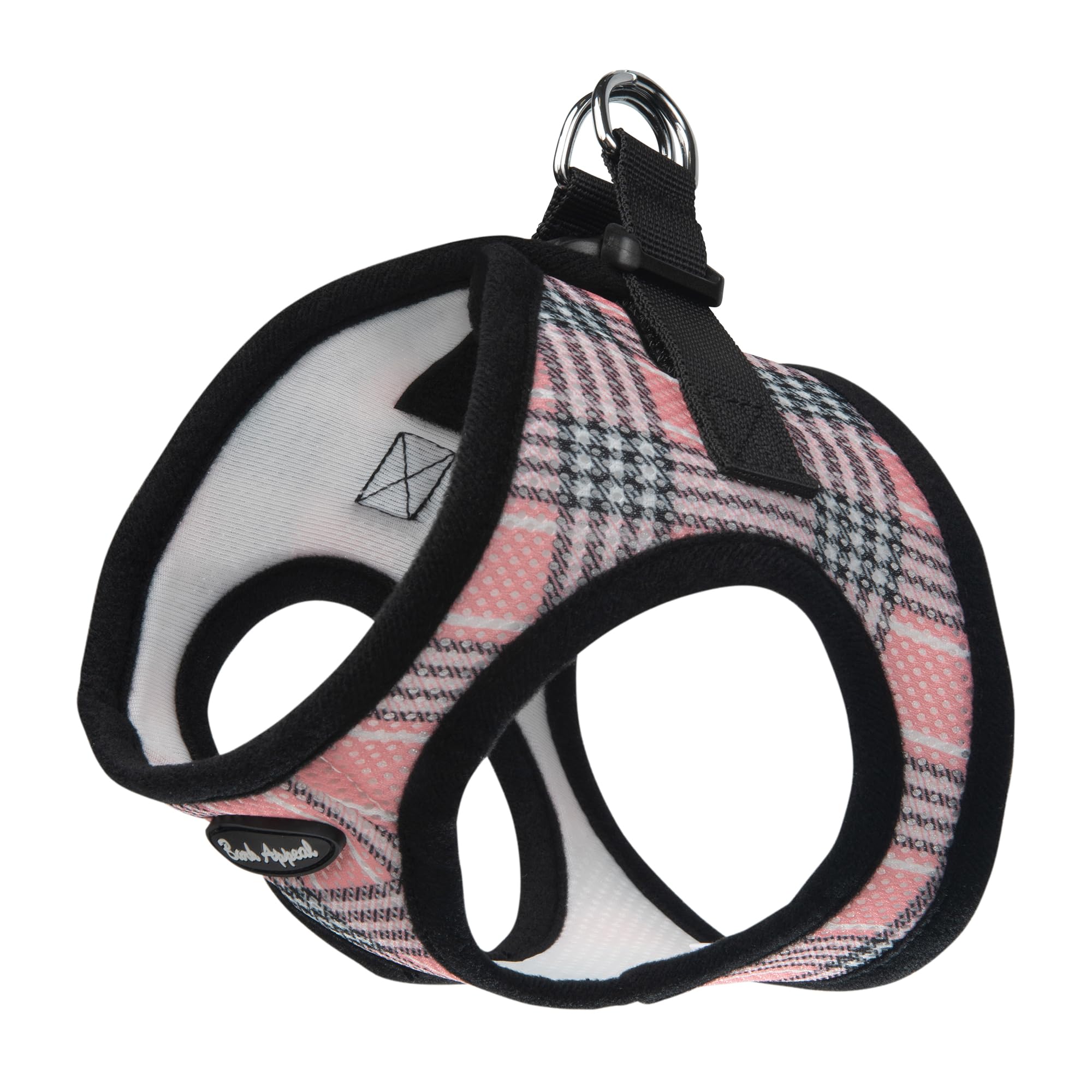 Bark Appeal Pink Plaid Step-in Harness close-up showing soft mesh and secure clip for comfort.