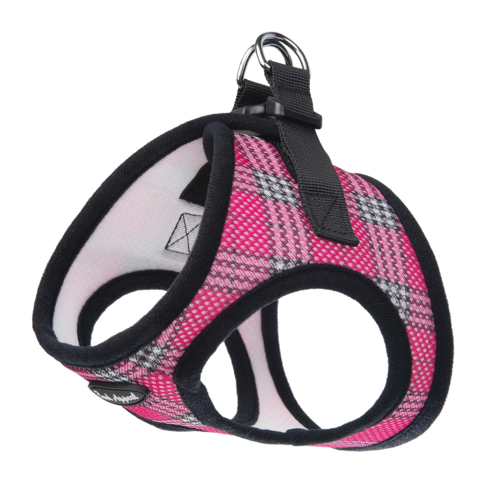 Bark Appeal raspberry-plaid step-in harness demonstrates quick-on fit for gentle daily walks.
