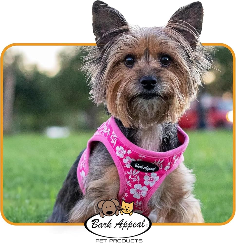 Bark Appeal Red Hibiscus Step-in Harness color detail emphasizes stylish and pet-friendly design.
