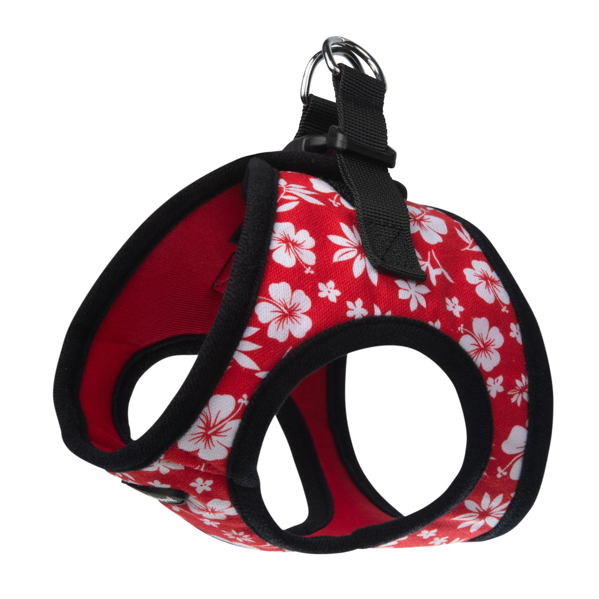 Bark Appeal red hibiscus step-in harness showing secure fit with adjustable strap