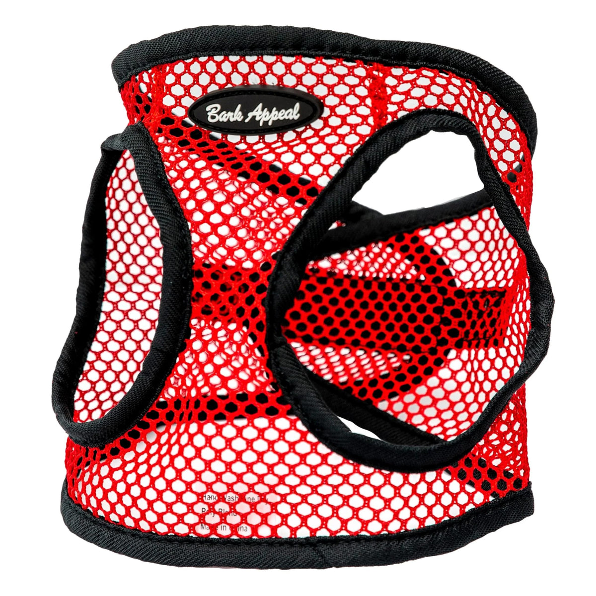 Bark Appeal red netted step-in harness on dog for secure daily walks.