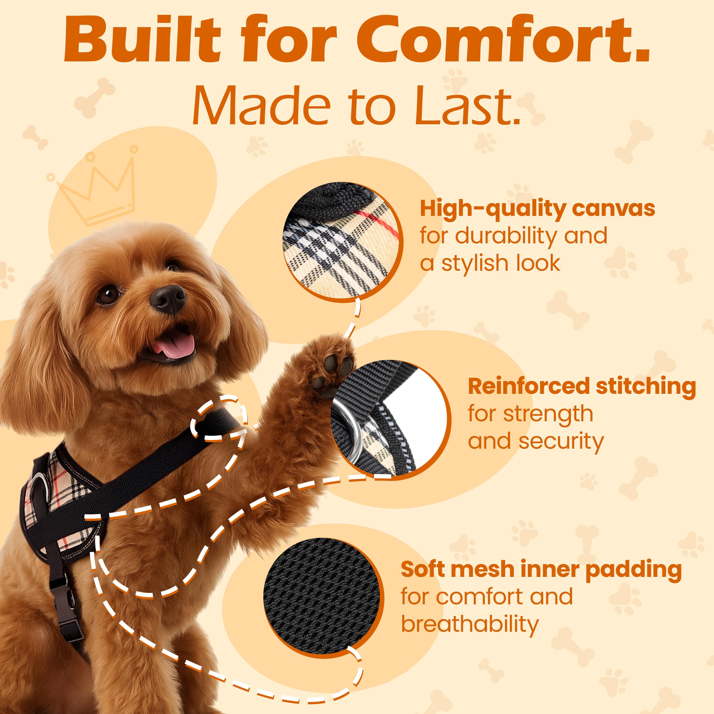 Bark Appeal Tan Plaid No-Pull Harness adjustable straps enable near-custom fit for growing dogs