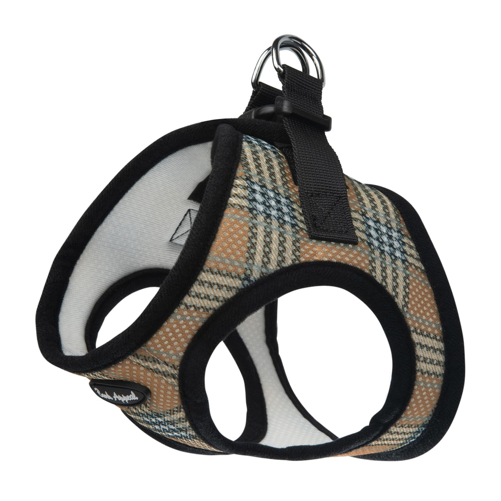 Bark Appeal Tan Plaid Step-in Harness with adjustable strap for secure, comfortable daily walks.