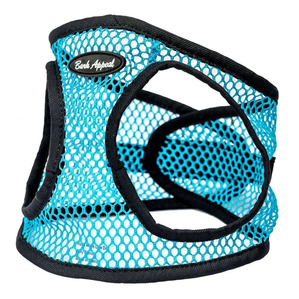 Bark Appeal teal-netted harness side view showing breathable comfort for warm-weather walks