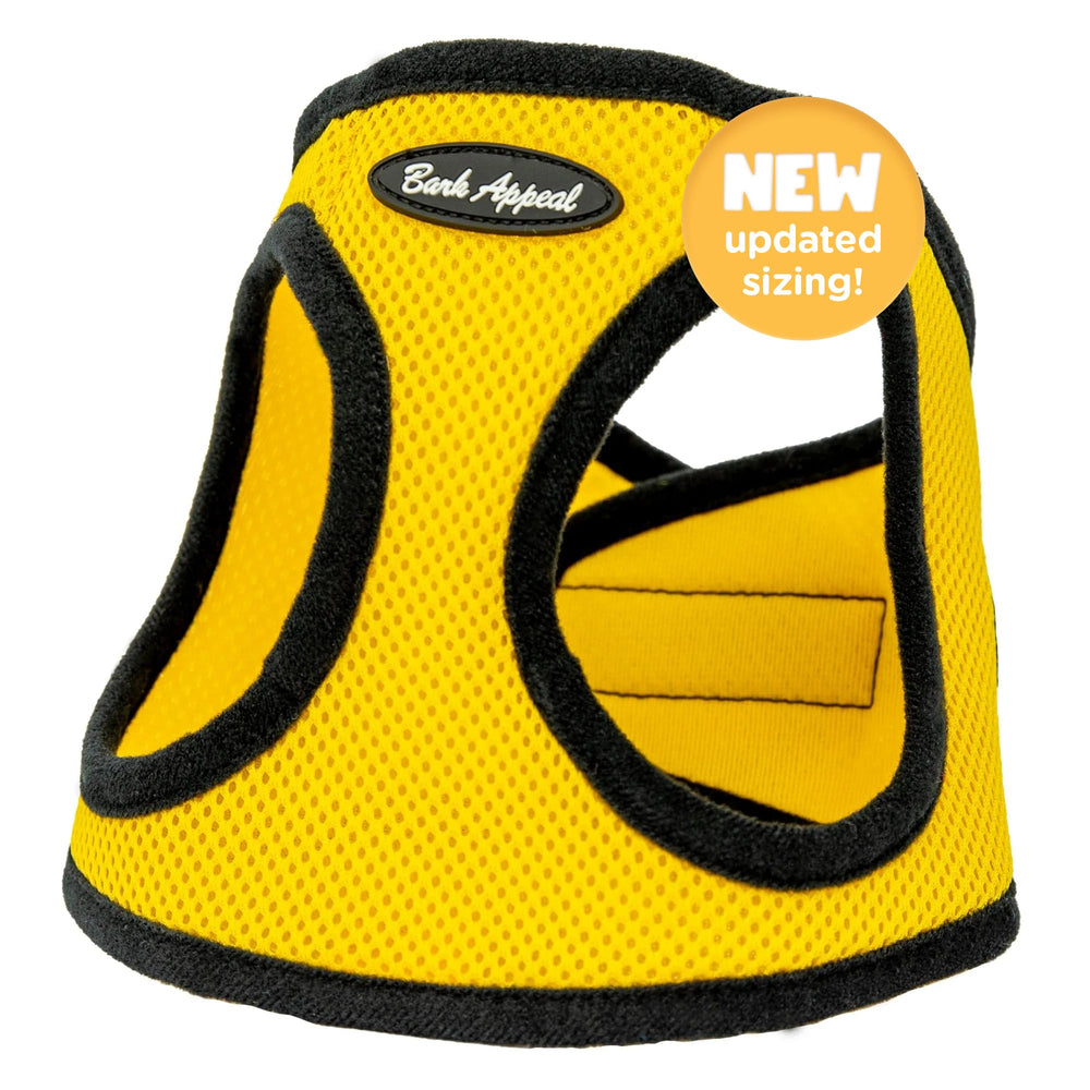 Bark Appeal Yellow Step-In Harness sizing-guide image reminds customers to measure.