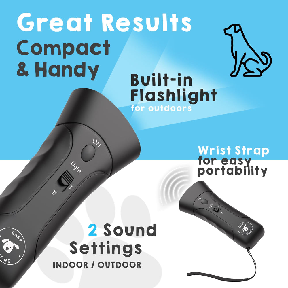 Bark Begone two-sound settings enable indoor training and outdoor readiness.
