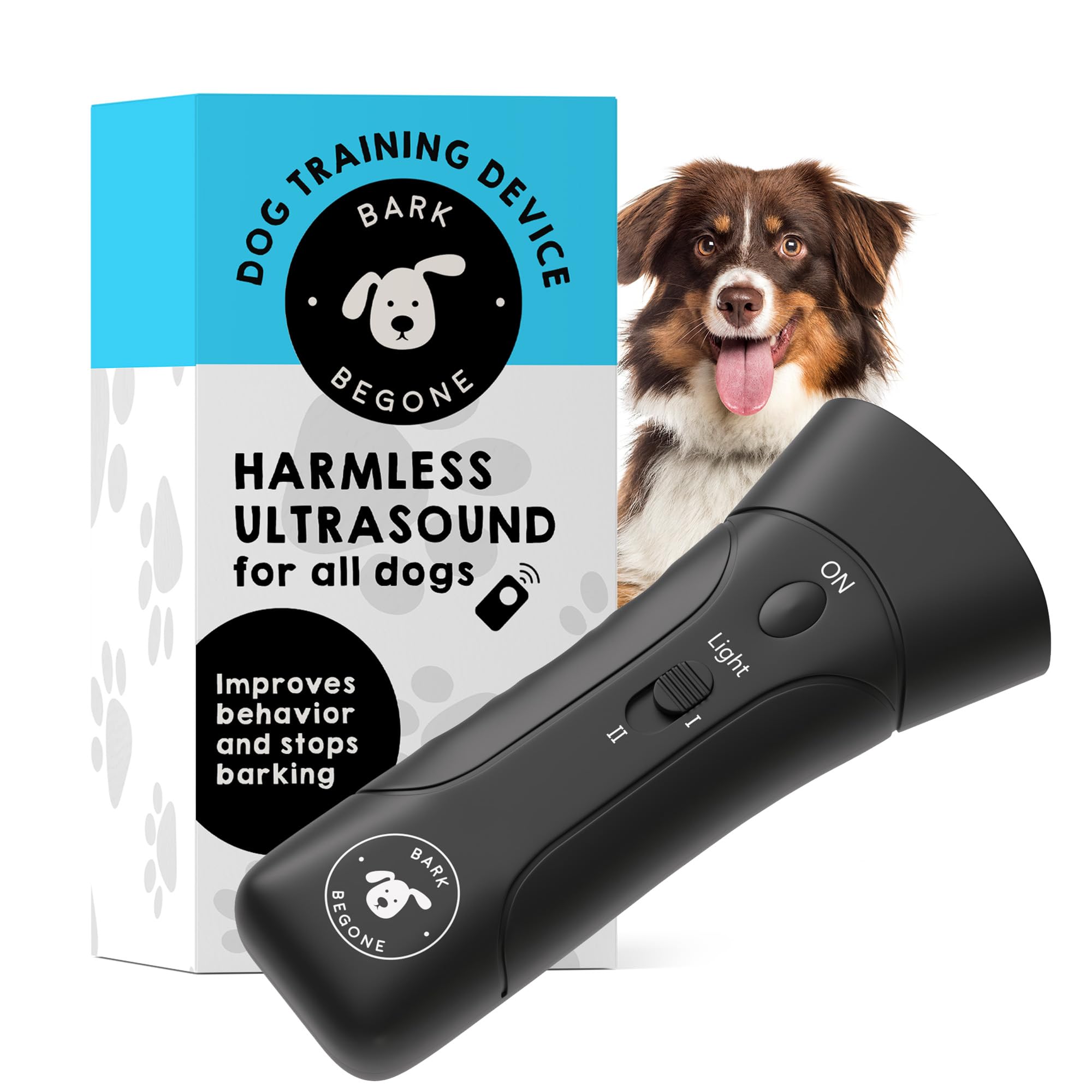 Bark Begone ultrasonic deterrent front view shows a compact barking-control device.