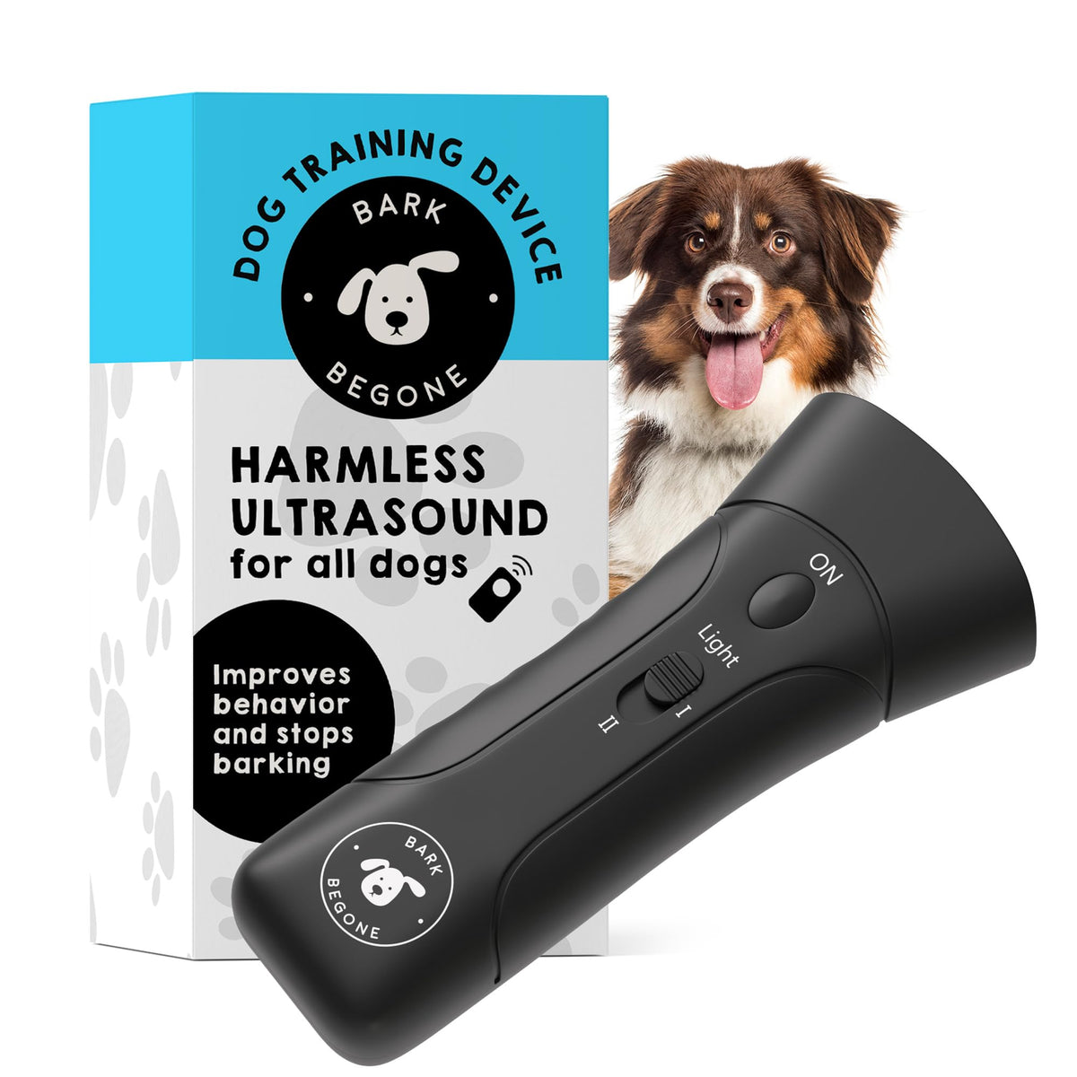 Bark Begone ultrasonic deterrent front view shows a compact barking-control device.