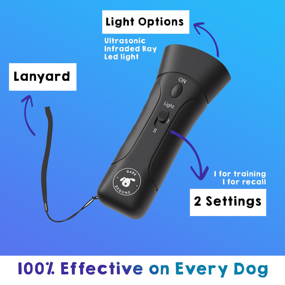Bark Begone flashlight feature supports nighttime training sessions and visibility.
