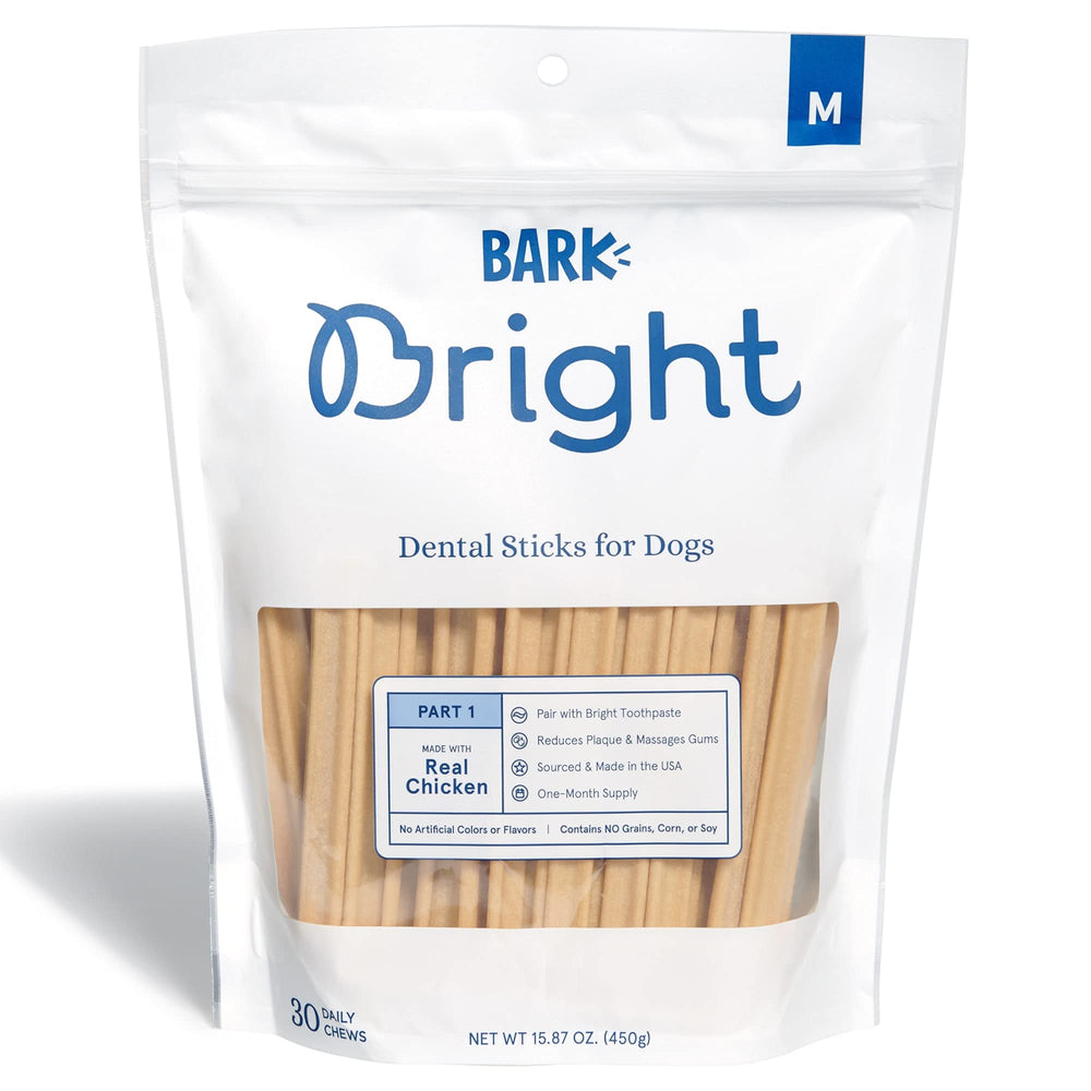 BARK Bright dental sticks packaging showing USA-made chicken chews for dogs.