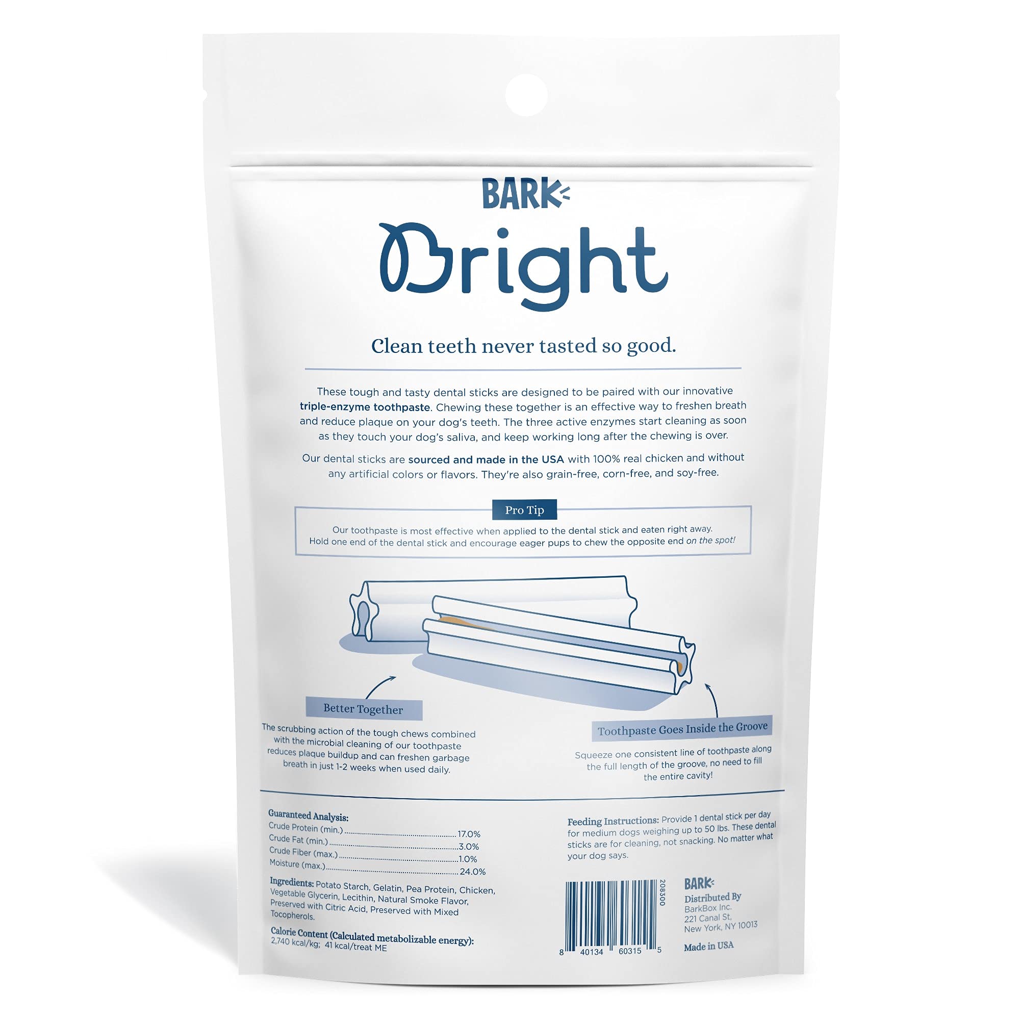 BARK Bright dental sticks real chicken close-up with grain-free formula.