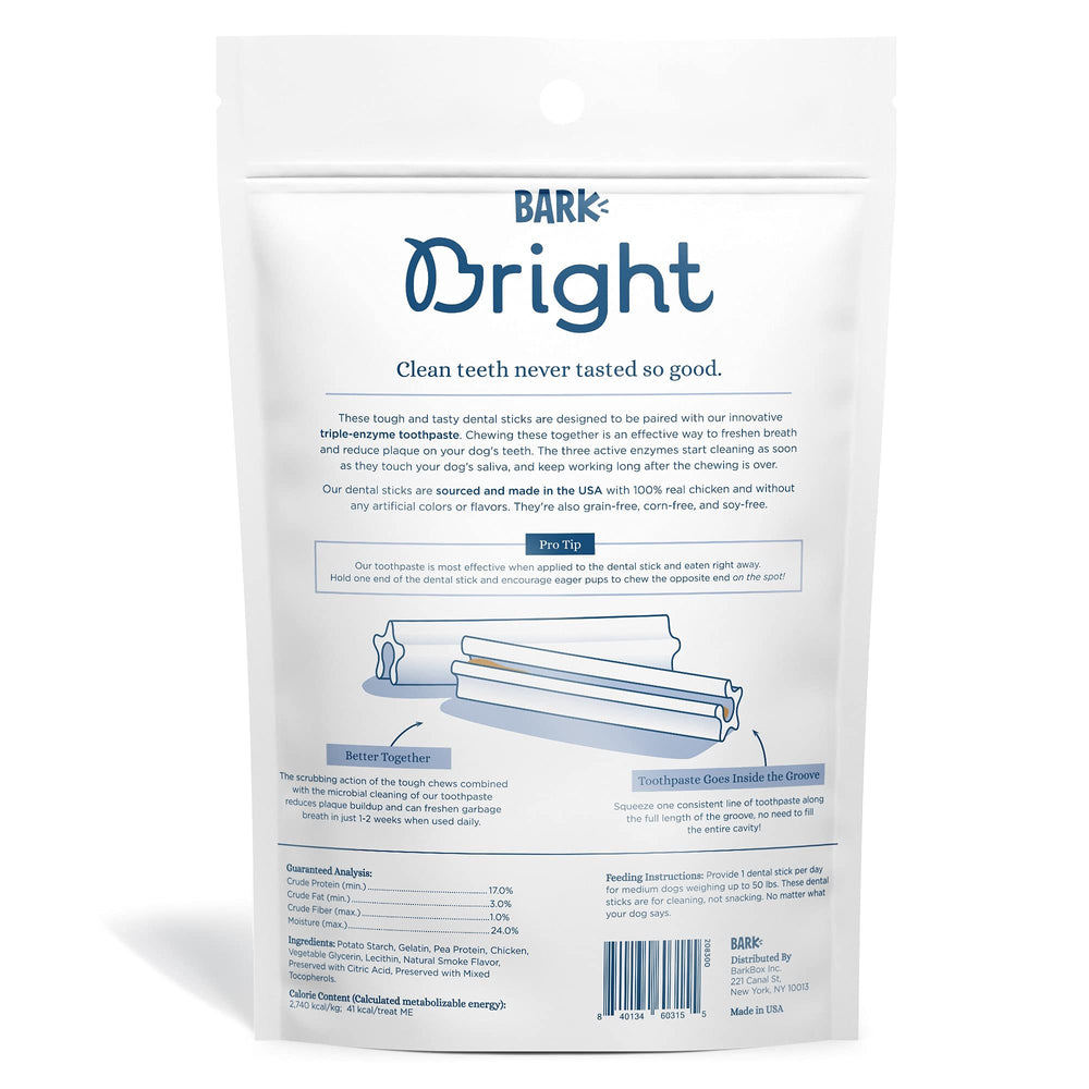 BARK Bright dental sticks real chicken close-up with grain-free formula.