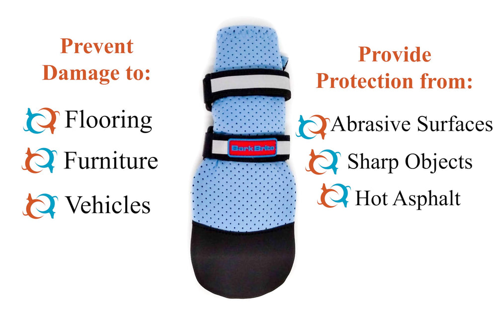Bark Brite blue XXL boot on a dog stepping over gravel for traction