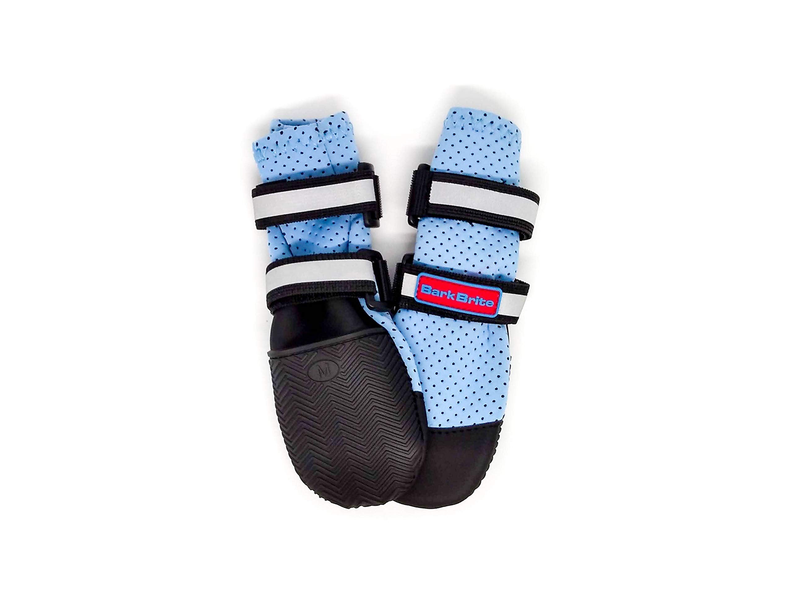 Bark Brite neoprene paw boots on dog demonstrate secure fit during activities.