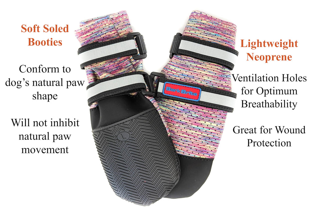 Bark Brite lavender paw booties side view highlighting breathable neoprene.