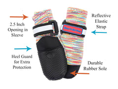Bark Brite paw boots side profile on rocky terrain showing secure fit.