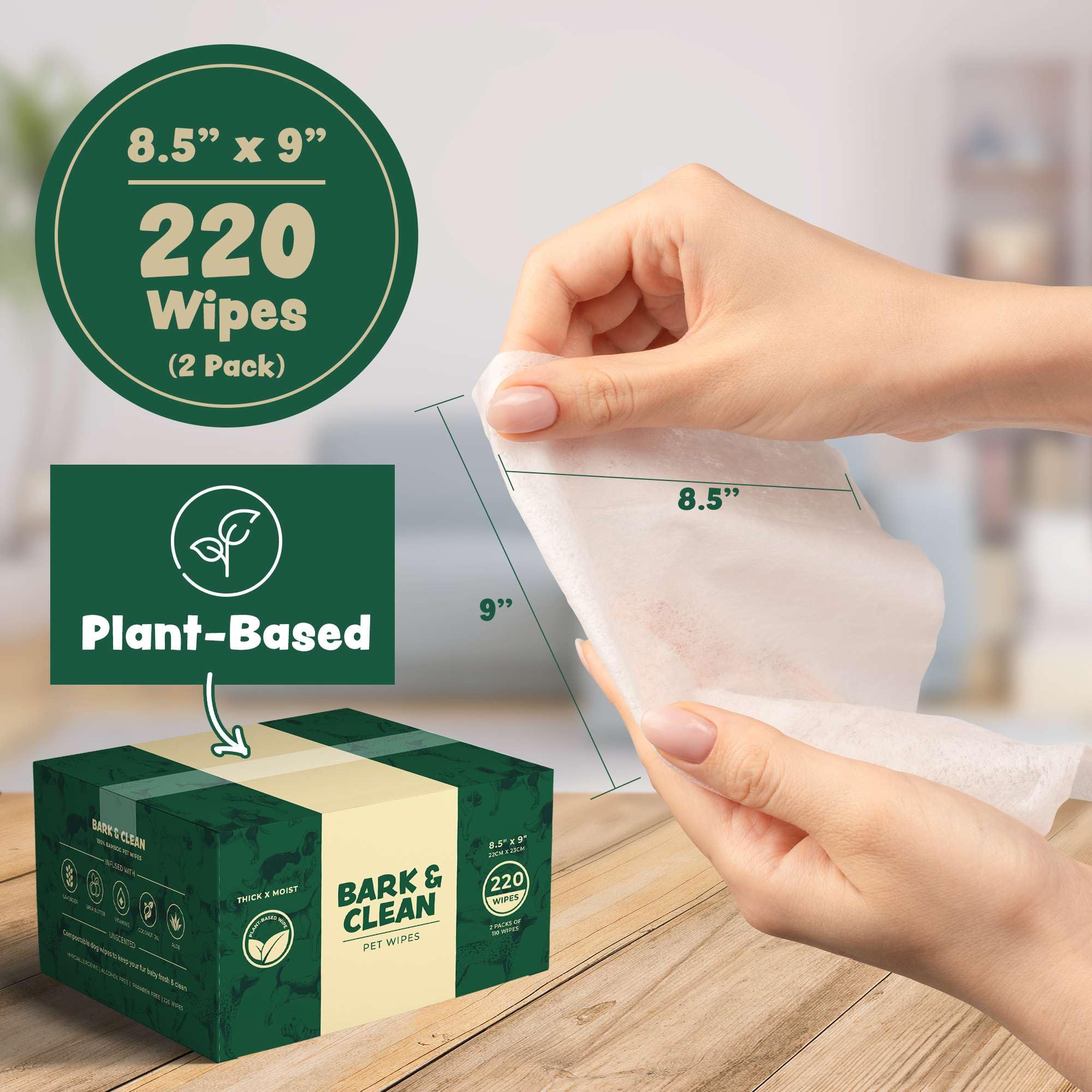 Bark & Clean bamboo wipes close-up shows lavender-scented formula for soothing cleanups.