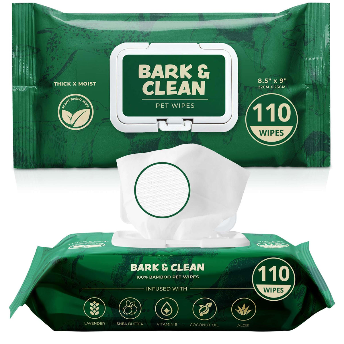 Bark & Clean dog wipes pack front highlights convenient resealable 110-wipe pack for quick cleanup.