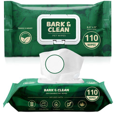 Bark & Clean dog wipes pack front highlights convenient resealable 110-wipe pack for quick cleanup.