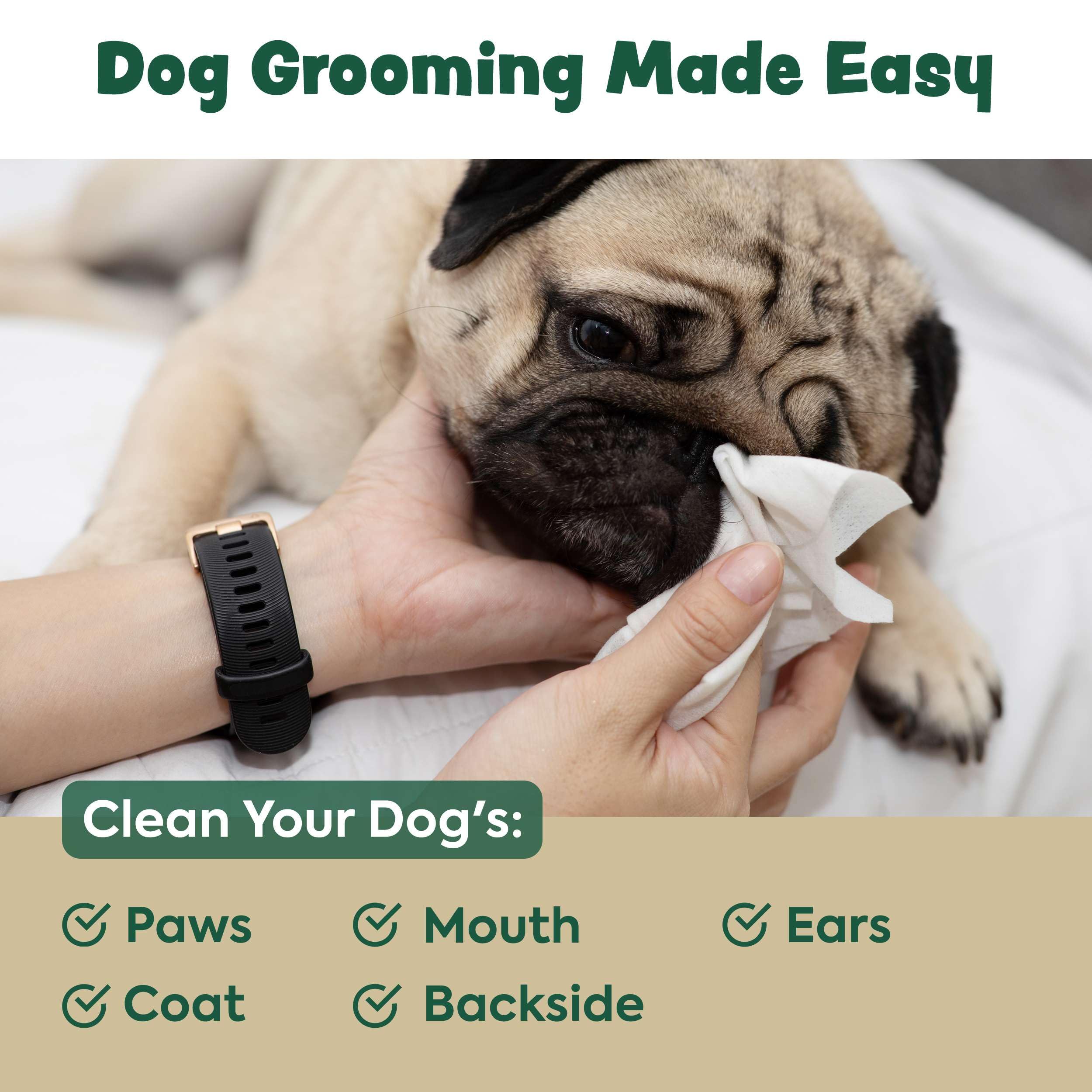 Bark & Clean face-wipes show gentle cleansing for dog's face and sensitive areas.