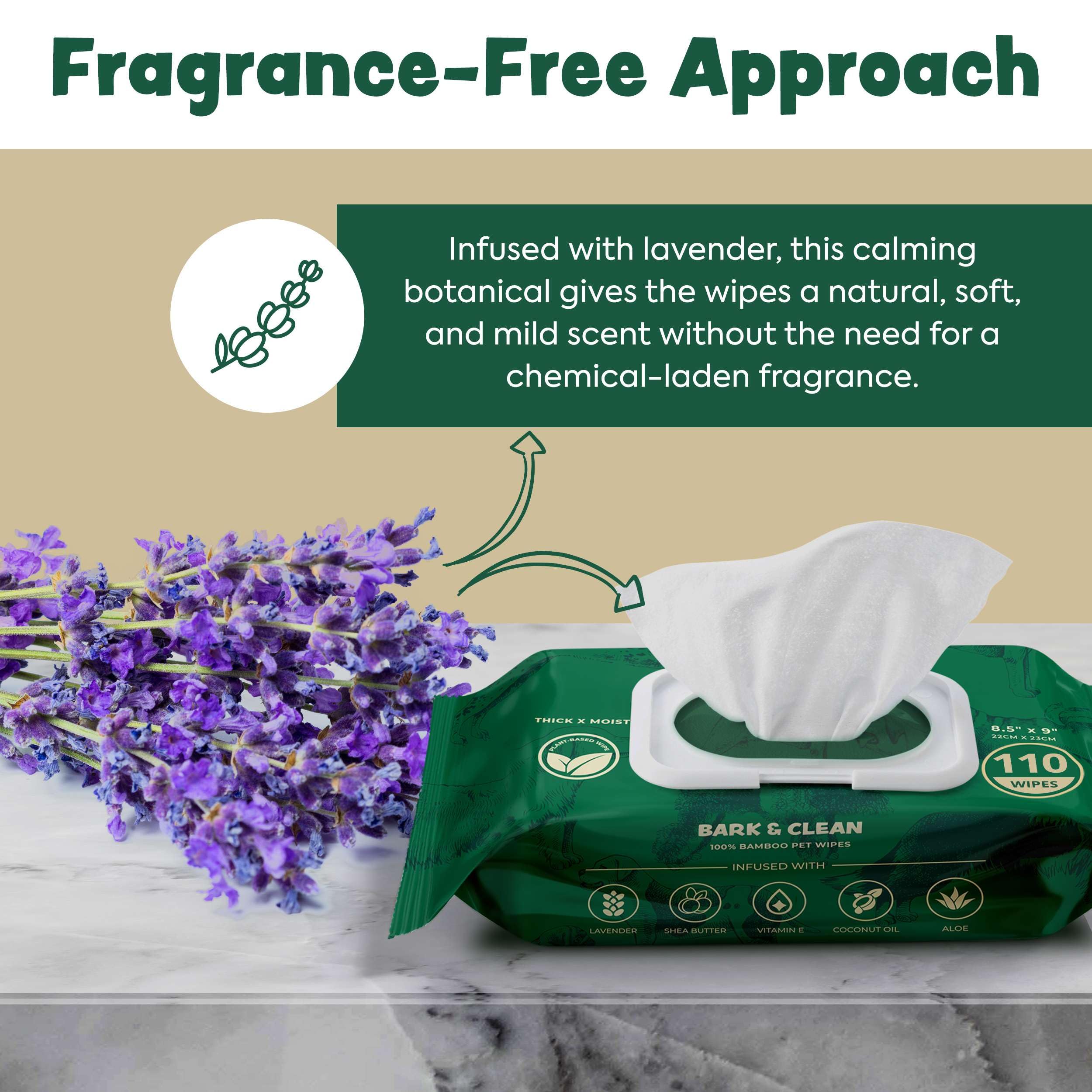 Bark & Clean lavender scent close-up highlights calming, skin-friendly blend.