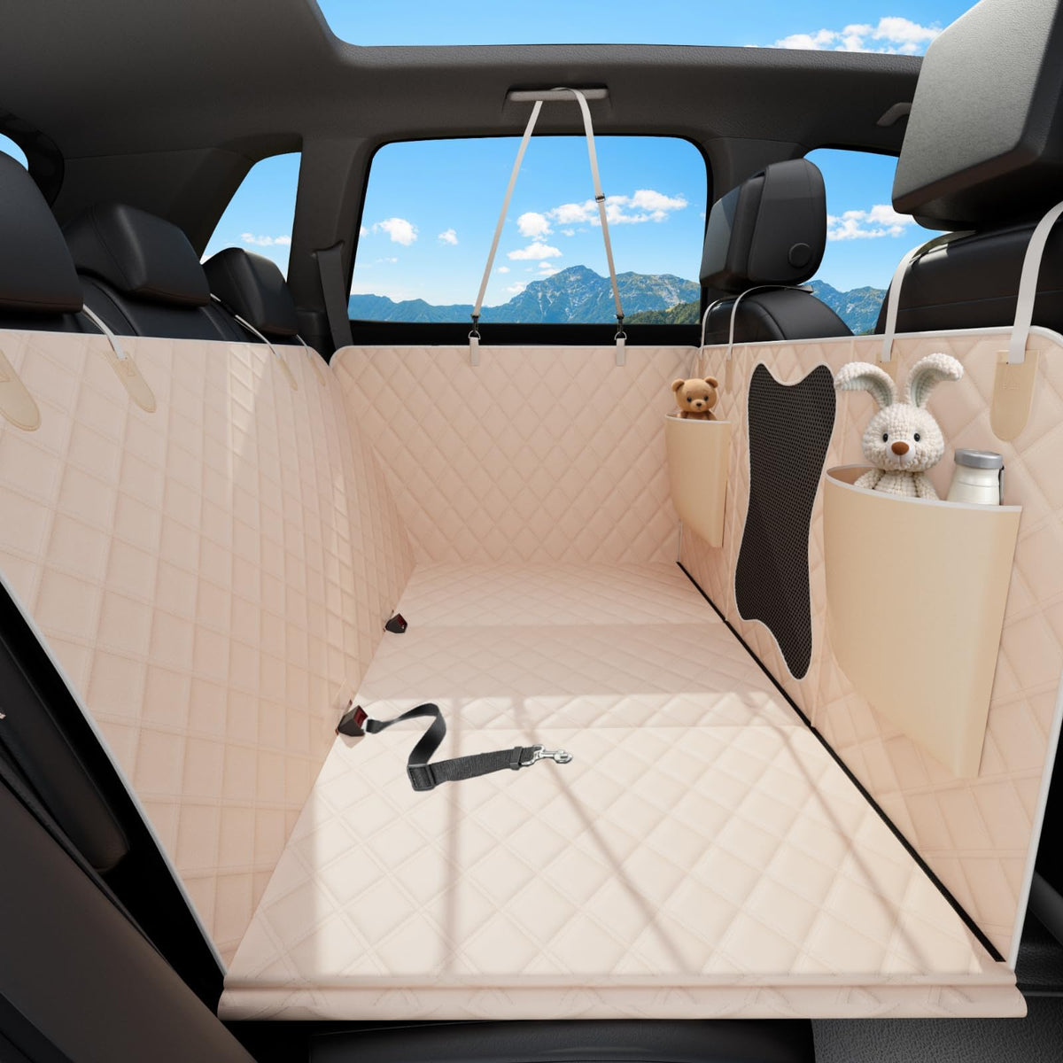 Bark Lover back-seat cover full view shows a clean, dog-friendly ride.