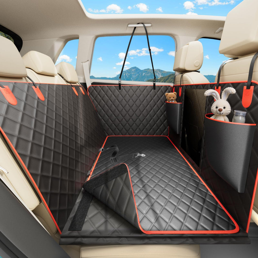 Bark Lover backseat cover red wide view creates roomy, secure space for dogs on rides