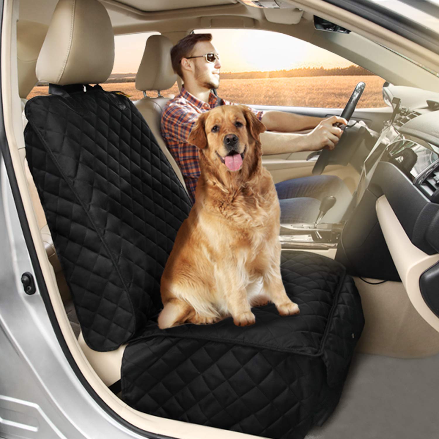 Bark Lover Deluxe dog seat cover waterproof fabric in action keeps car clean.