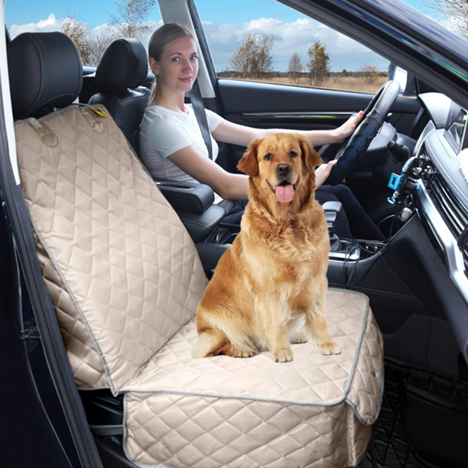 Bark Lover Deluxe front seat cover beige closeup highlights anti-slip backing for safety